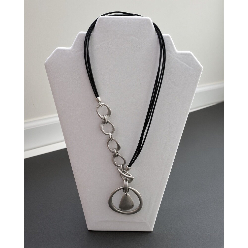 Premier Designs PD Signed Silver Tone Black Multi Cord Toggle Teardrop Necklace